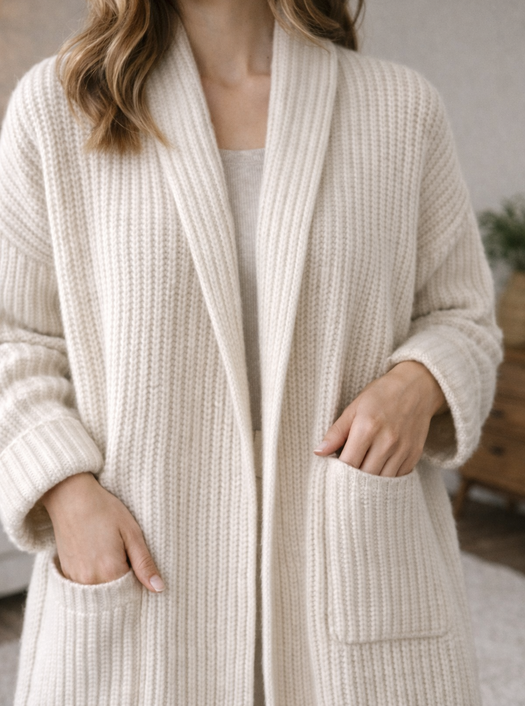 Women's Knitted Cardigan Open-Front Ribbed Cuffs