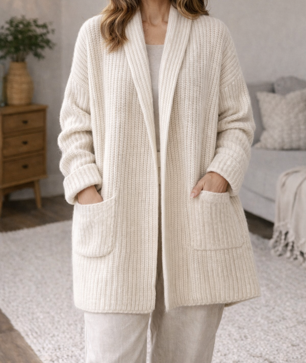 Women's Knitted Cardigan Open-Front Ribbed Cuffs