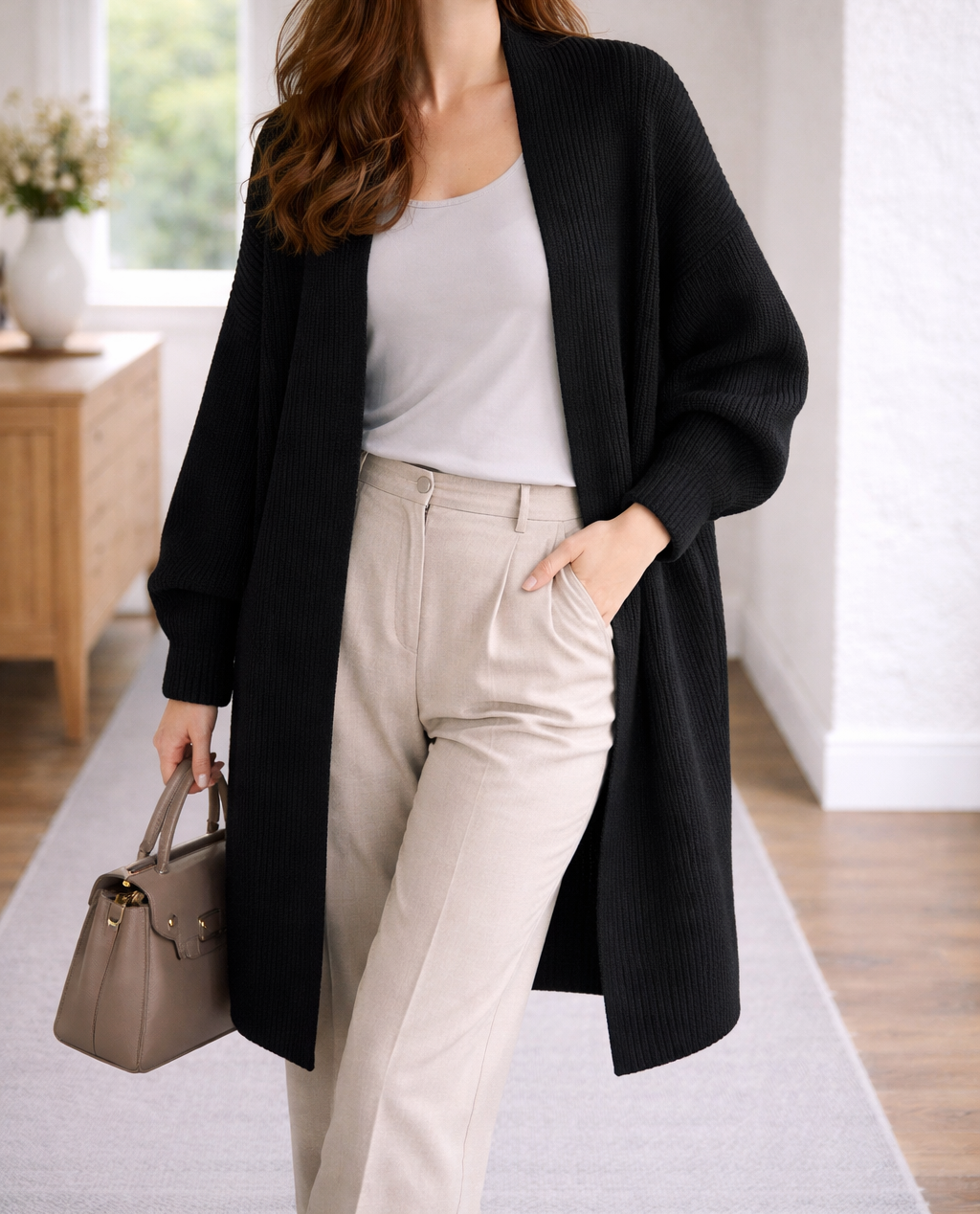 Women's Long Cardigan Ribbed Open Front
